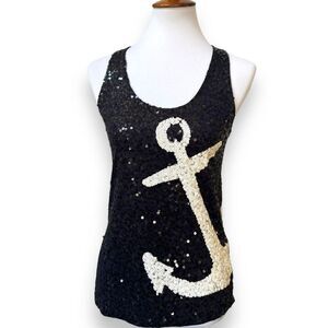 J.Crew Womens Tank Top Navy Anchor Sequin Sleeveless Rayon Pullover Nautical XS